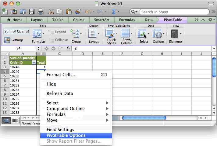 where is the options bar for excel on the mac